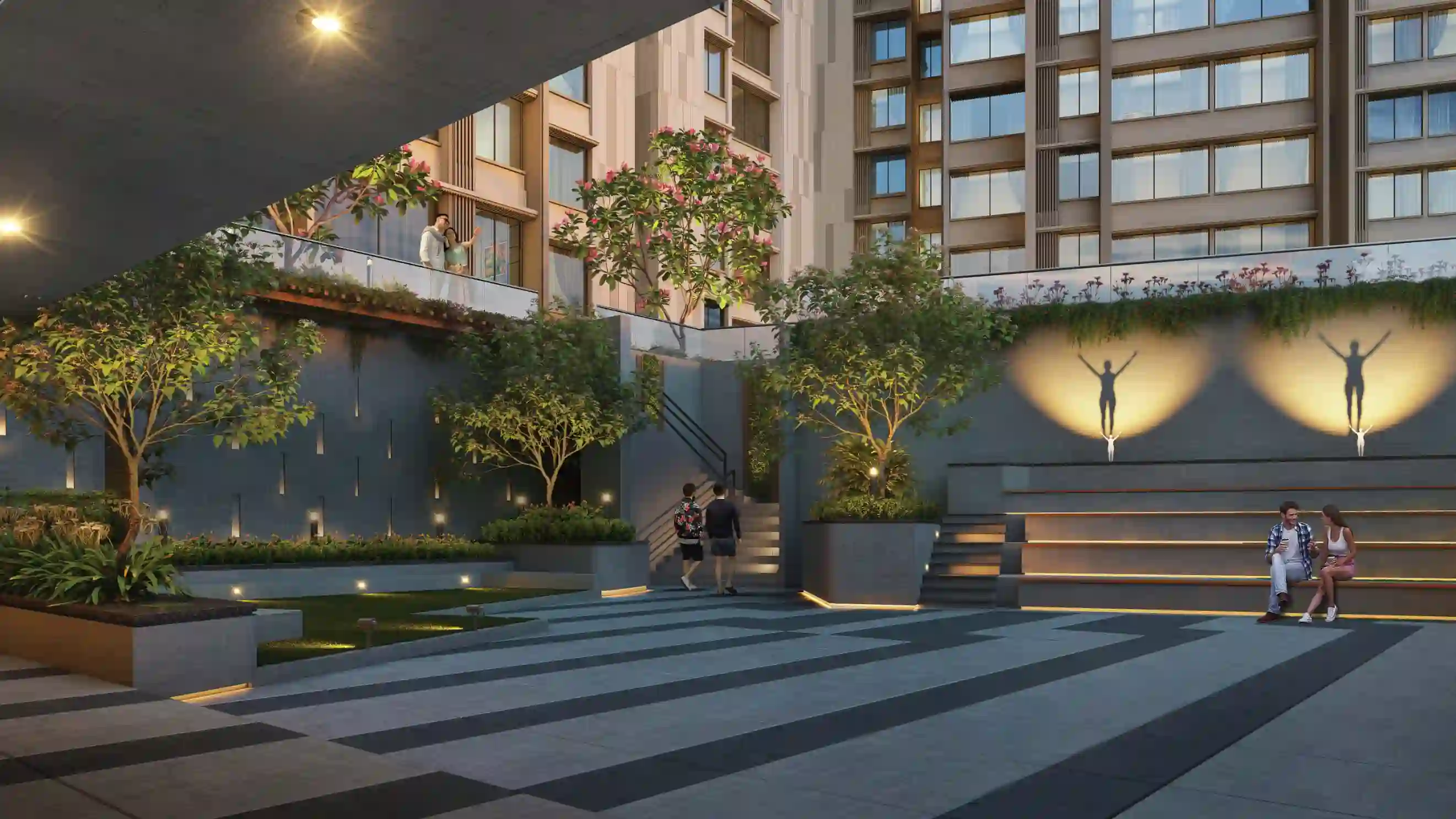 Landscaped evening seating deck with residents